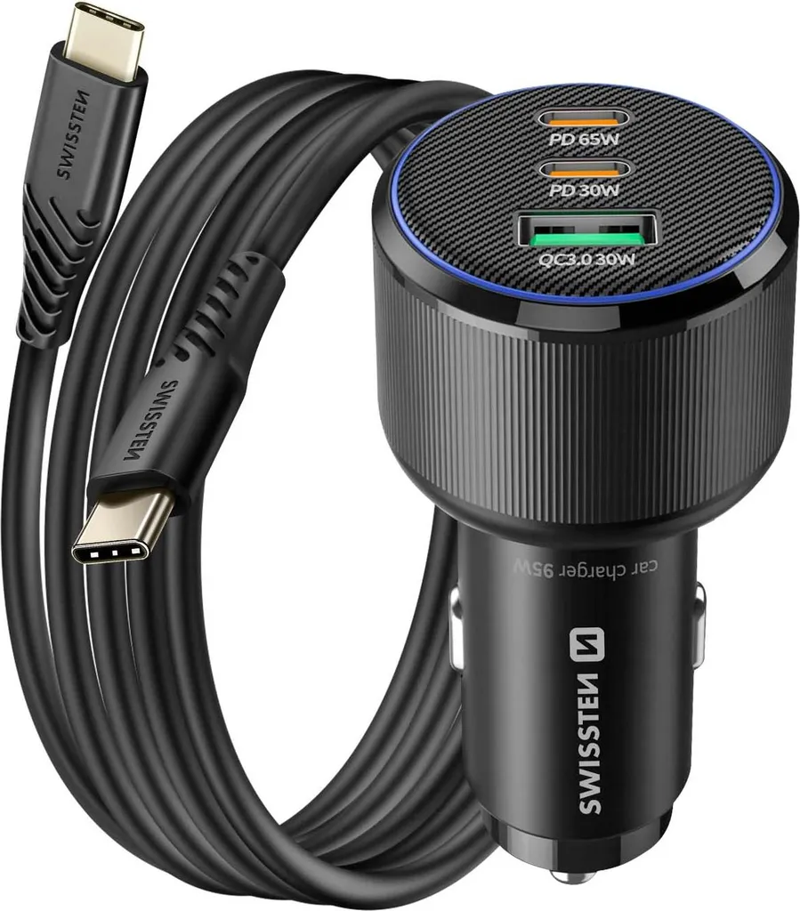 Chargeur voiture 95W 2x USB-C PD et USB-A Swissten avec câble USB-C 1m
