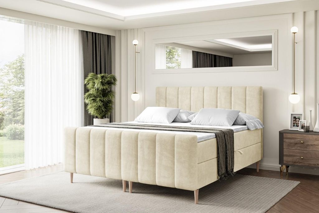 ALTDECOR Boxspringbett mit Holz Füßen, Matratze und Lattenrost, Topper, Fußteil, Polsterbett mit Bettkasten, Bett mit Stauraum H4-Matratze, Dopp...