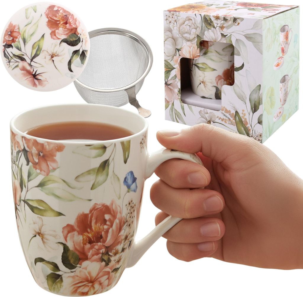 Teeset: Porzellanbecher 340 ml mit Teesieb und Deckel FÜR KRÄUTERTEE, als GESCHENK VERPACKT