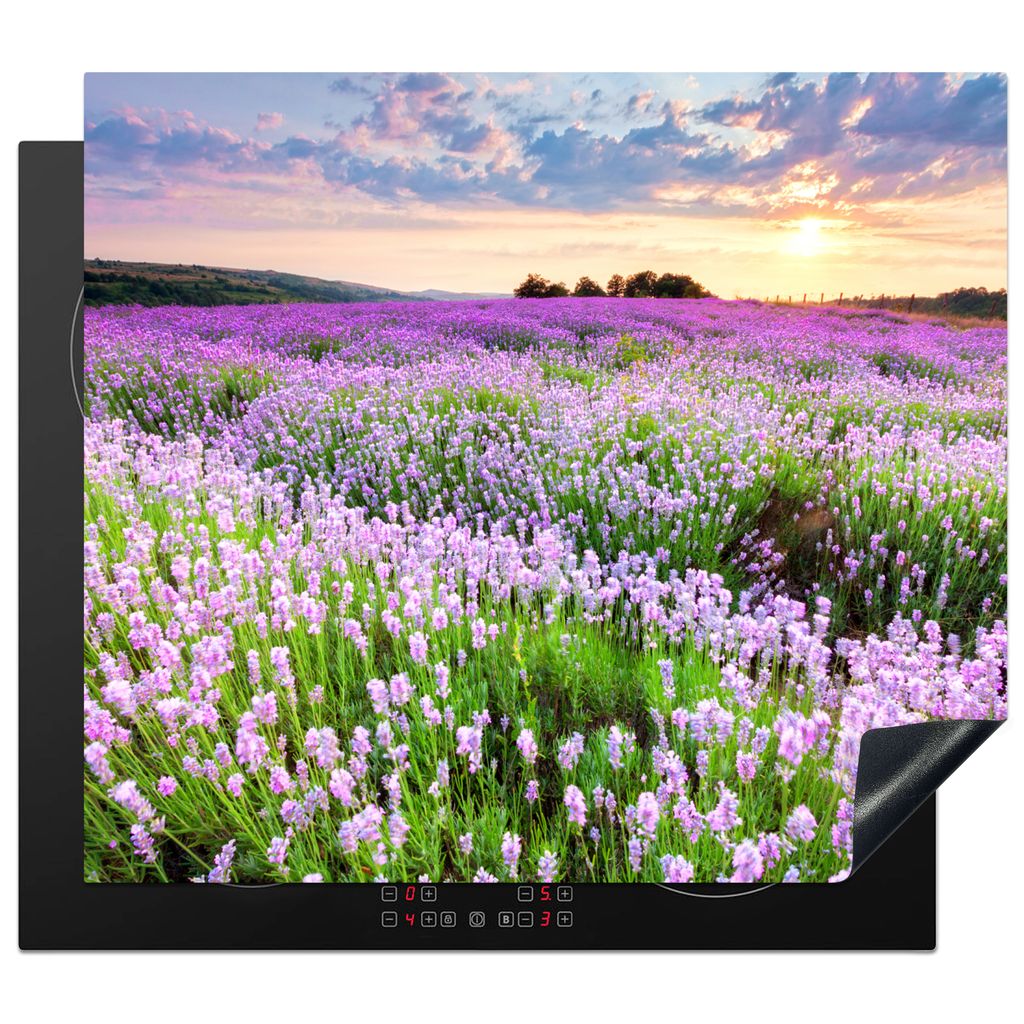 KitchenYeah Herdabdeckplatte Blumen - Lavendel - Lila - Himmel - Sonnenuntergang - Wiese - Natur , 58x51cm, Küche Deko, Glaskeramikkochfeld Herd...