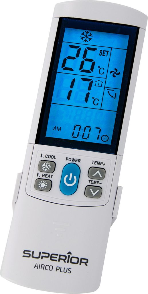 A white remote control for an air conditioner is shown against a white background.