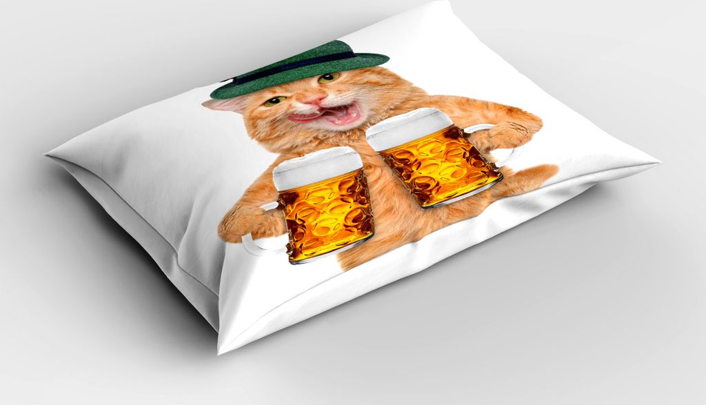 ABAKUHAUS Katze Kopfkissenbezug, Deutsche Kater mit Grüne Hut und Bierkrügen Bayerisches Getränk Lecker Foto Muster, 40x80 cm, Mehrfarbig
