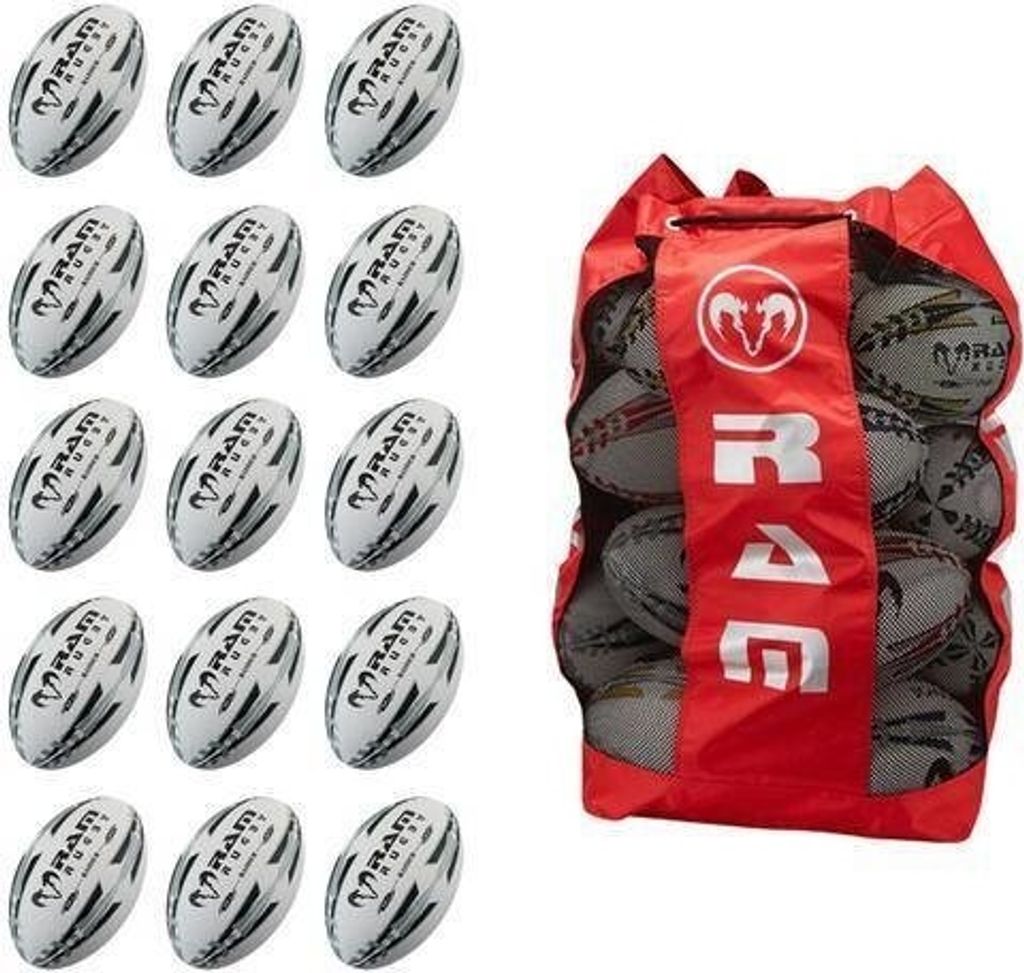 Raider Match Rugbybälle Profi - Mit Tragetasche - 15 Stk - Schwarz - Größe 4
