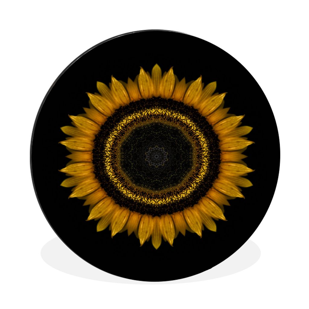 MuchoWow Aluminium Wandkreis Mandala einer Sonnenblume auf schwarzem Hintergrund Ø 30 cm Wanddeko Modern Wohnzimmer - Wand Bild - Wohnzimmer - R...