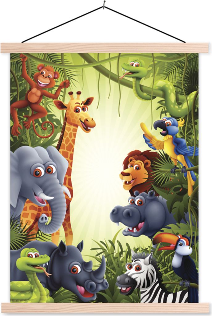 MuchoWow Textilposter Dschungel - Jungen - Mädchen - Baby - Elefant - Löwe - Giraffe 40x53 cm mit holzfarbenen Rahmen - Schlafzimmer