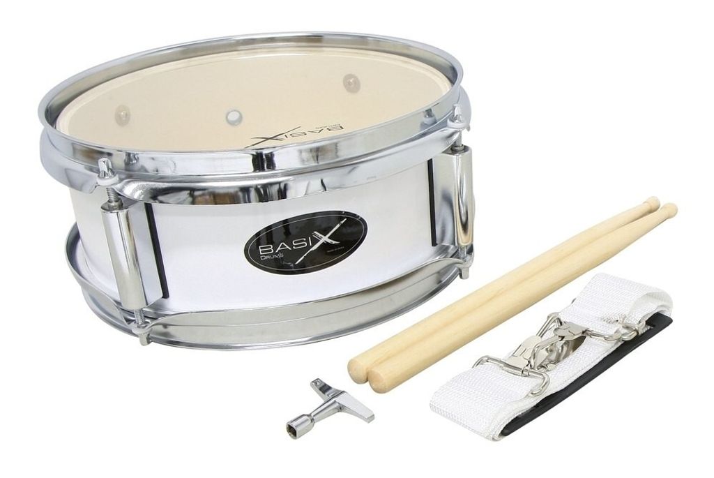 Marschtrommel Junior 10x4 Zoll, 6-lagiger Holzkessel, 8 Spannschrauben, inkl. Sticks & Tragegurt, weiß