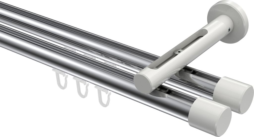 Interdeco Innenlaufstange / Gardinenstange mit Innenlauf Chrom / Weiß, Typ Siteno Santo (Kappe), 20 mm Ø 2-läufig, 280 cm