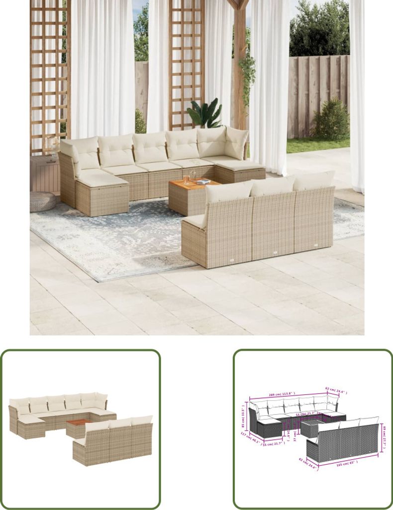 The Living Store 11-tlg. Garten-Sofagarnitur mit Kissen Beige Poly Rattan