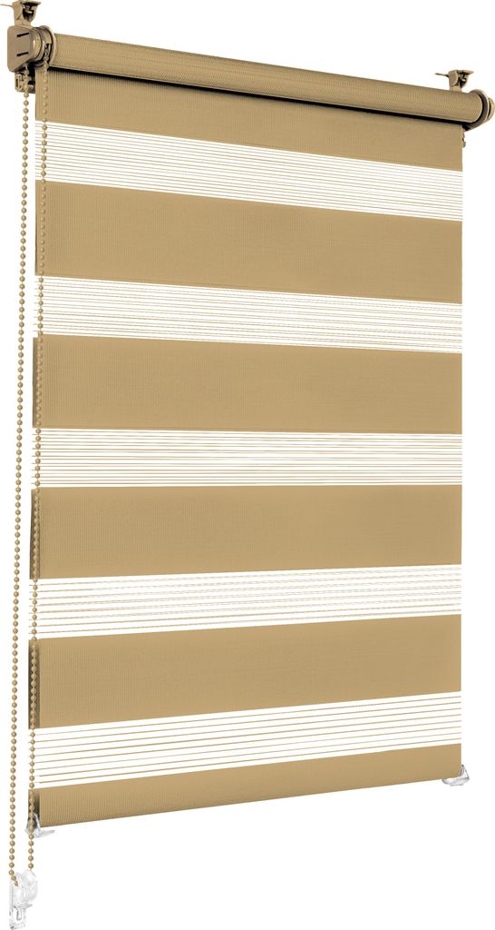 A roller blind with alternating opaque and sheer stripes, commonly known as a zebra blind.