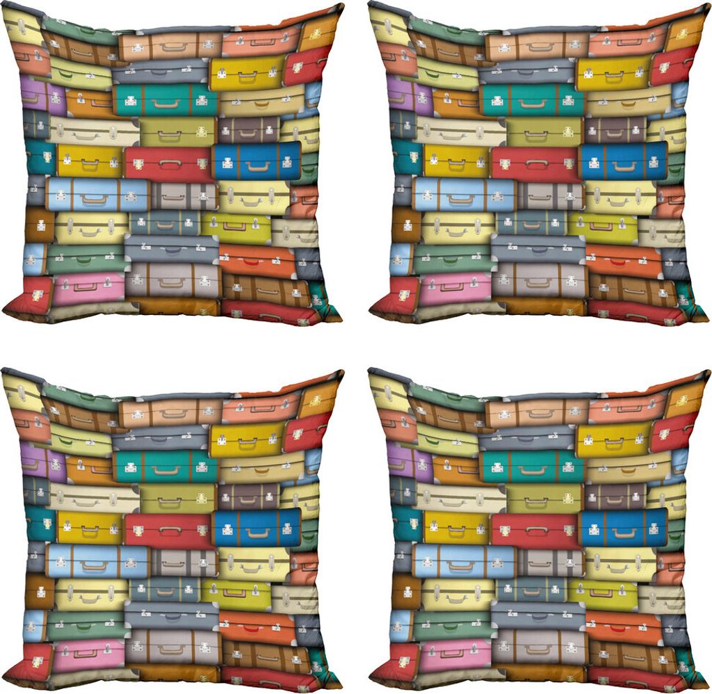 ABAKUHAUS Modern Kissenbezug Set (4 Stück), Farbige Reise-Koffer, Moderner Doppelseitiger Digitaldruck, 60 cm x 60 cm, Mehrfarbig