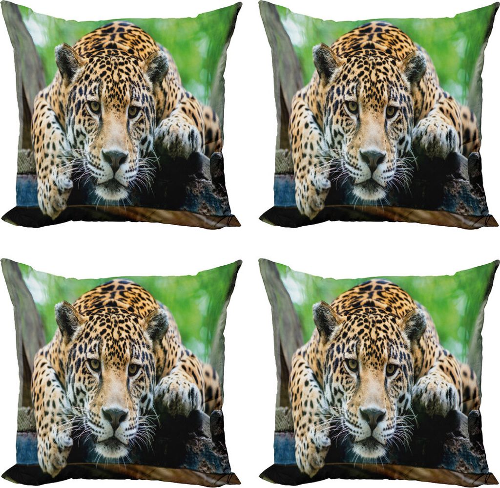 ABAKUHAUS Urwald Kissenbezug Set (4 Stück), Jaguar Wildcat Feline, Moderner Doppelseitiger Digitaldruck, 45 cm x 45 cm, Orange-Schwarz-Grün