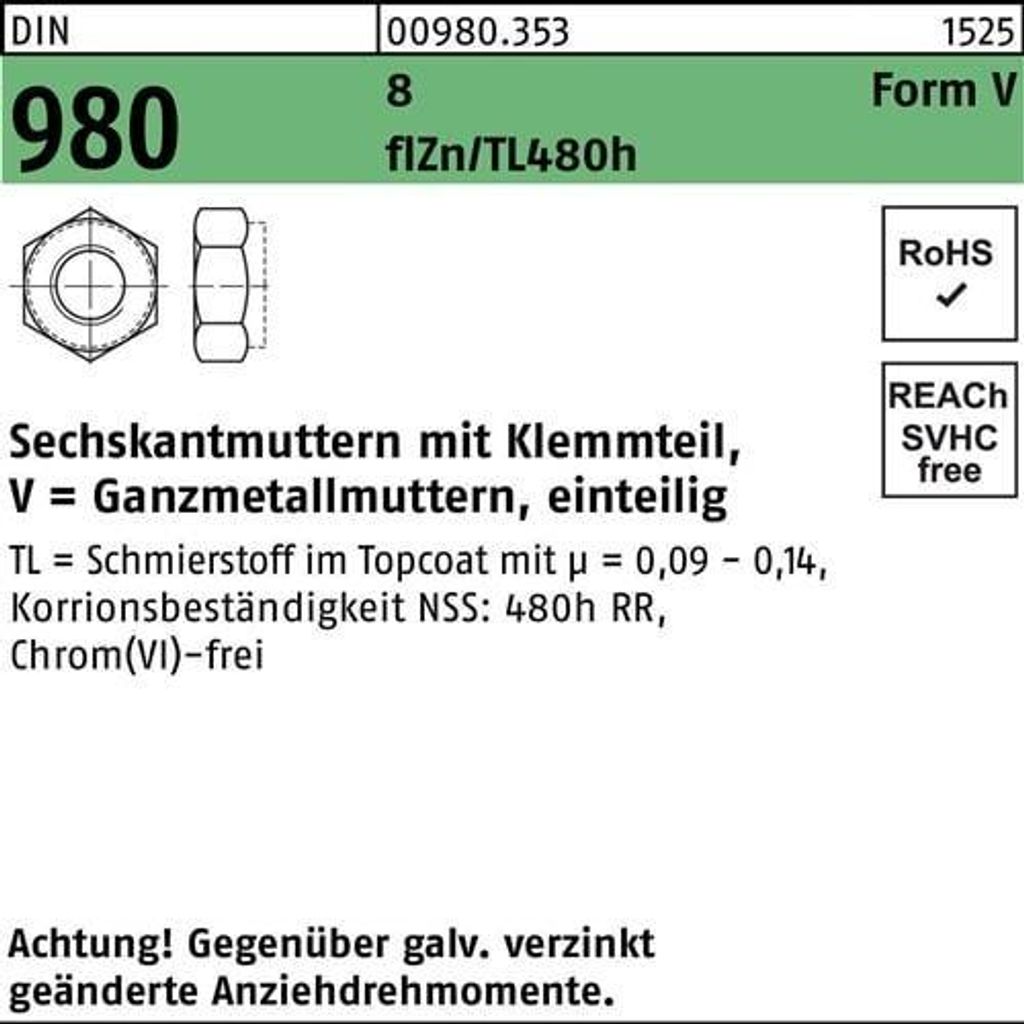 Reyher  Sechskantmuttern DIN 980 8 VM 6 flZn (1000 Stück) Produktbild 