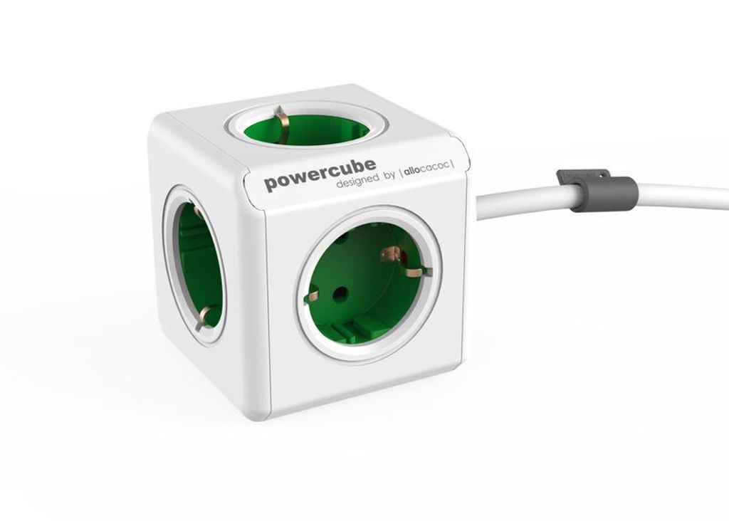 allocacoc PowerCube Erweitert, Mehrfachsteckdosendieb mit 5 würfelförmigen Steckdosen (weiß und grün)