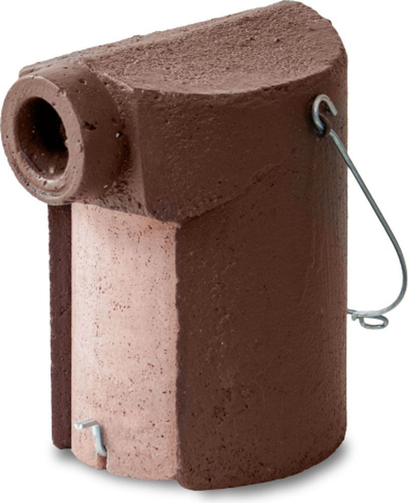 A single birdhouse made of concrete, with a brown top and sides and a pink front panel.