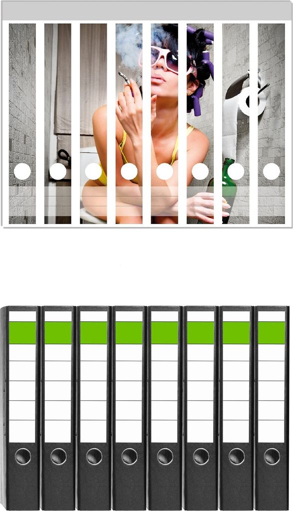 Wallario 8 Stück schmale Ordner inkl. Klebeetiketten mit Motive Kloparty - Sexy Frau auf Toilette Zigarette & Schnapsflasche - farbig - Set mit R...
