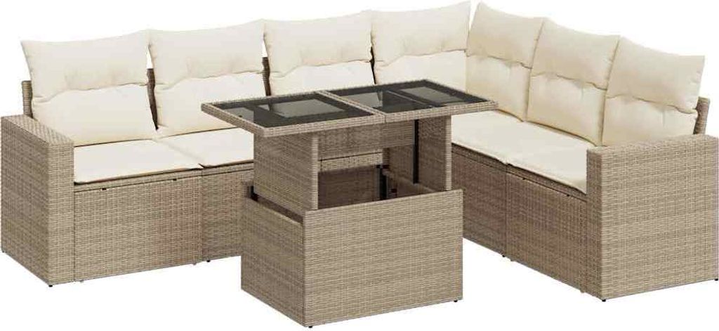 "SALE 2026" 7-tlg. Garten-Sofagarnitur/Garten-Essgruppe - Lounge-Set - Balkonmöbel Set - mit Kissen Beige Poly Rattan - Gartenmöbelset DE4384583