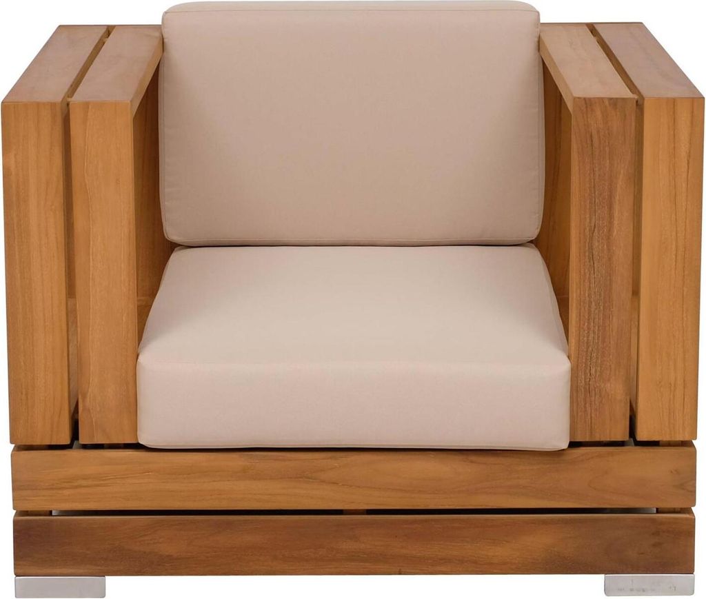 Teako Design Lounge Sessel Korsika aus Teakholz mit Armlehnen – Wetterbeständige Gartenmöbel mit Edelstahl-Füßen und Sitzkissen