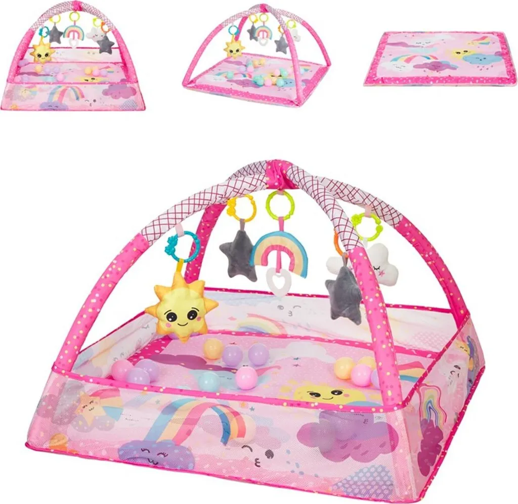 Tapis d'éveil 2 en 1 avec 18 balles de jeu et hochets suspendus - Rose
