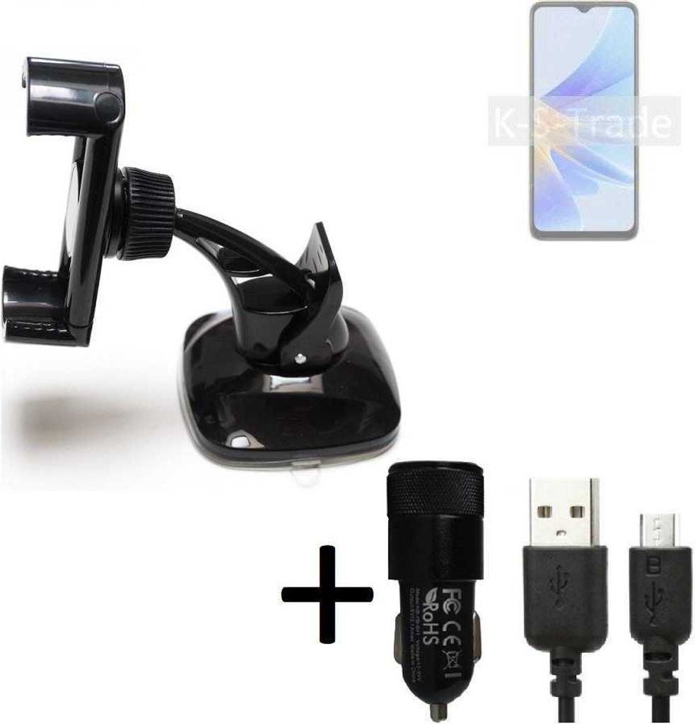 K-S-Trade Halterung kompatibel mit Oppo A17k Windschutzscheibe / Armaturenbrett + LADEGERÄT mit Mico USB Kabel Autohalterung KFZ Halter