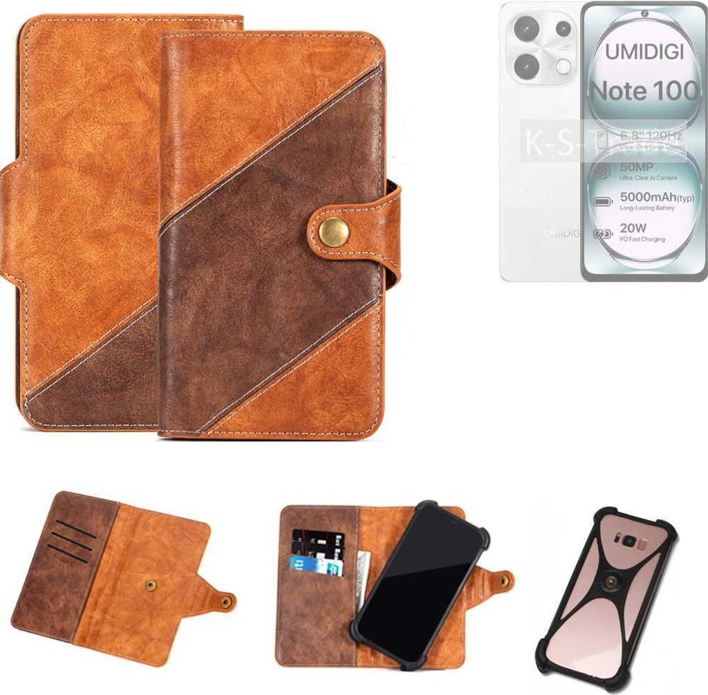 K-S-Trade Handyhülle Schutzhülle Bookstyle Case Wallet-Case kompatibel mit UMIDIGI Note 100A Cover Klapphülle Kantenschutz Smartphone dunkelbraun