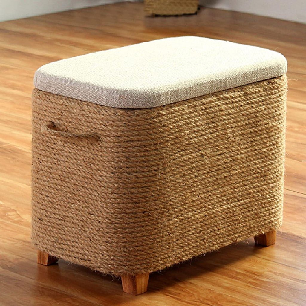 Handgefertigte Rattan-Ottomane in Natur mit Leinensitz, Produktbild 