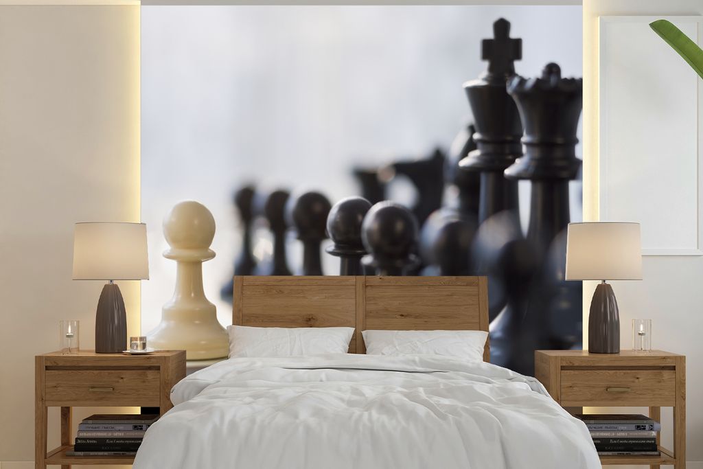 MuchoWow Fototapete für Wohnzimmer oder Schlafzimmer Wandtapete Vinyl Motivtapete Schwarz gewinnt beim Schach - 280x280 cm - Hintergrundbild