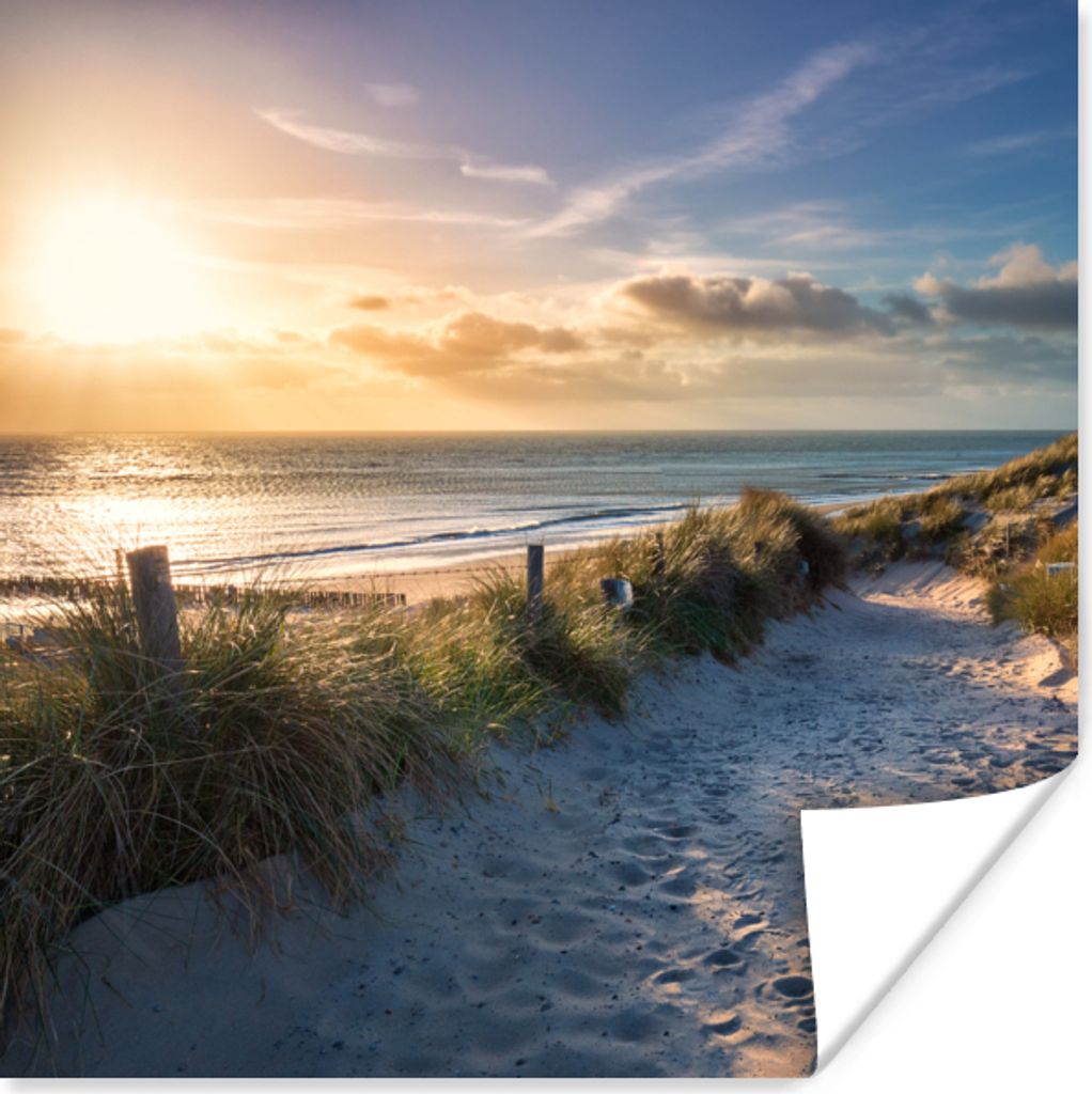 MuchoWow Poster Sonnenuntergang - Strand - Düne - Gras - Bank 75x75 cm - Wand Dekoration