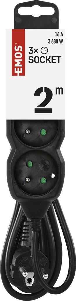 EMOS Câble d'extension 2 m / 3 prises / noir / PVC / 1 mm2, Image du produit 