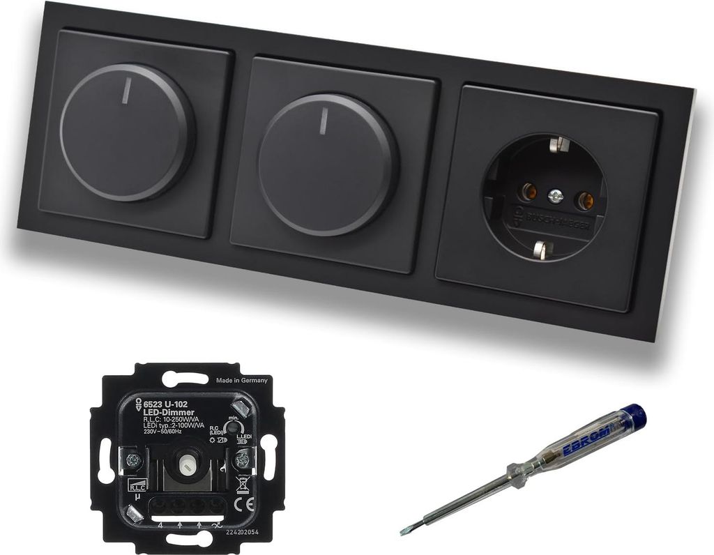 Busch Jäger 6523U-102 (2 x) LED Drehdimmer Dimmer + Scheiben 6540-885-102 und Steckdose mit Kinderschutz 20EUCKS-885 in Future Linear schwarz matt...