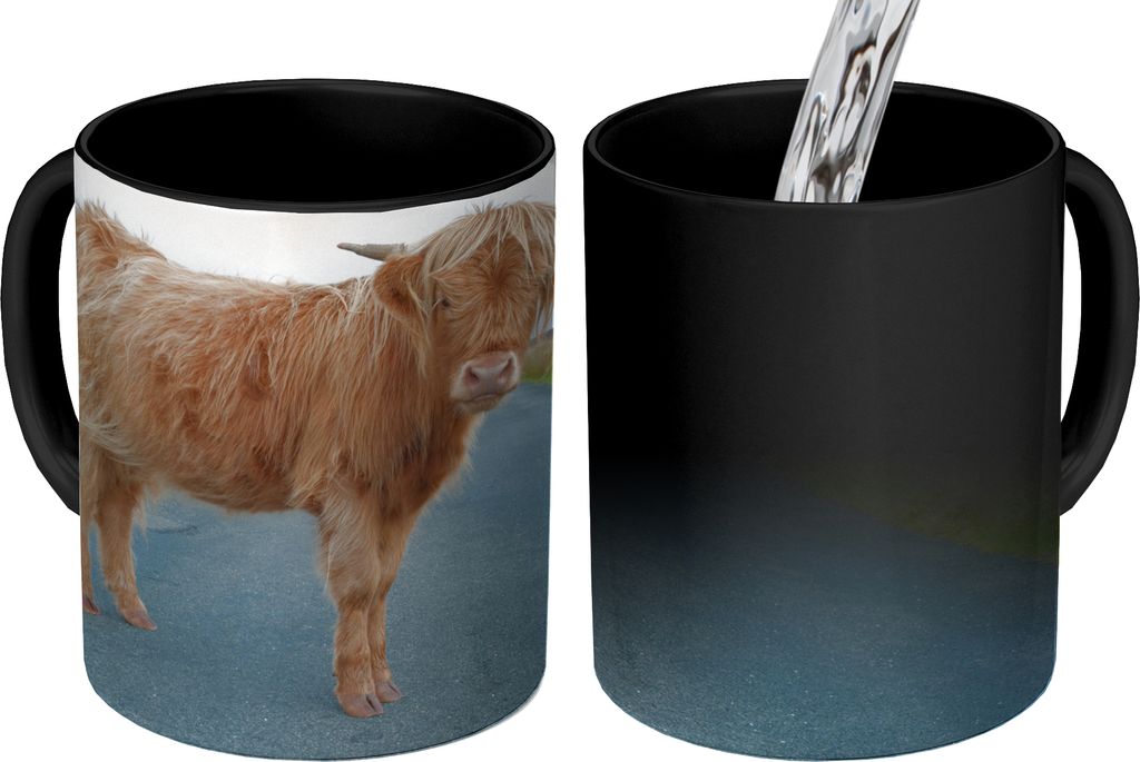 MuchoWow Zauber Tasse Zaubertasse Magic Scottish Highlander - Straße - Gras 350 ml Farbwechsel Becher Geschenk Geschenkidee - Magic-Tasse - Foto...