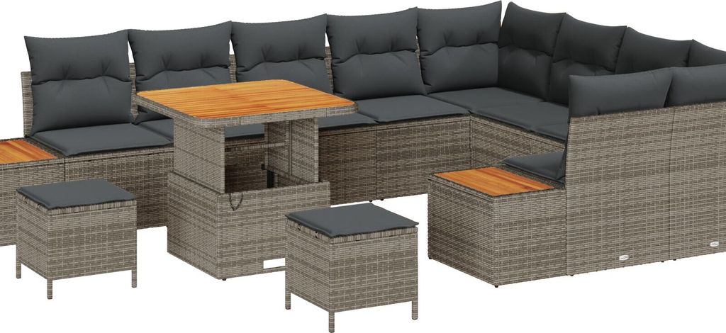 Möbel 12-teiliges Garten-Sofa-Set mit Kissen Grau Poly Rattan Akazie, 3-teiliges Garten-Essset mit Kissen Grau Poly Rattan Akazie - Gartensofas 33...