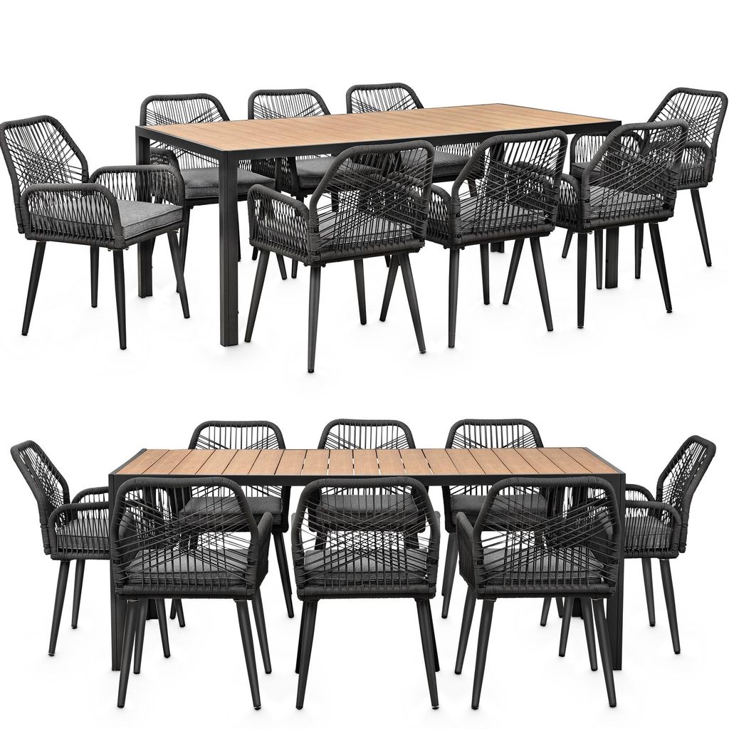 Two identical outdoor dining sets, each with a table and eight chairs, are shown against a white background.