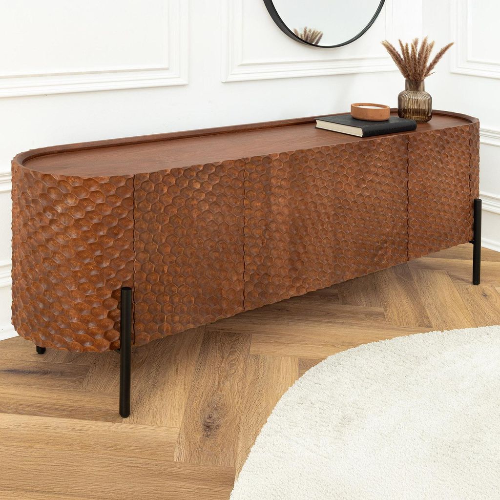 riess-ambiente Massives Sideboard ADLON 180cm braun Mangoholz schwarz Metall 3D-Front in Wabenstruktur Kommode Anrichte Schrank