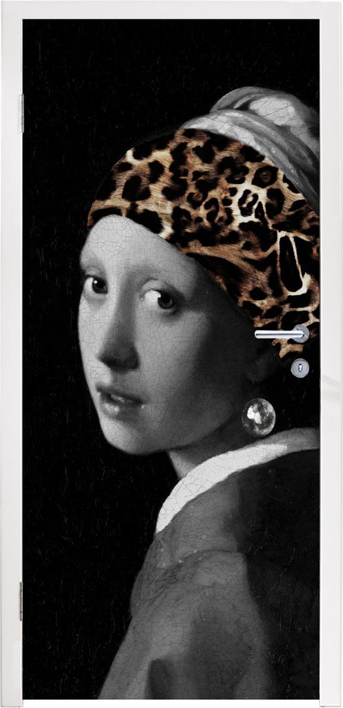 MuchoWow Türtapete Selbstklebende Türfolie Mädchen mit dem Aufdruck - Pantheraufdruck - Schwarz - Weiß 90x235 cm Türposter Türaufkleber Kle...