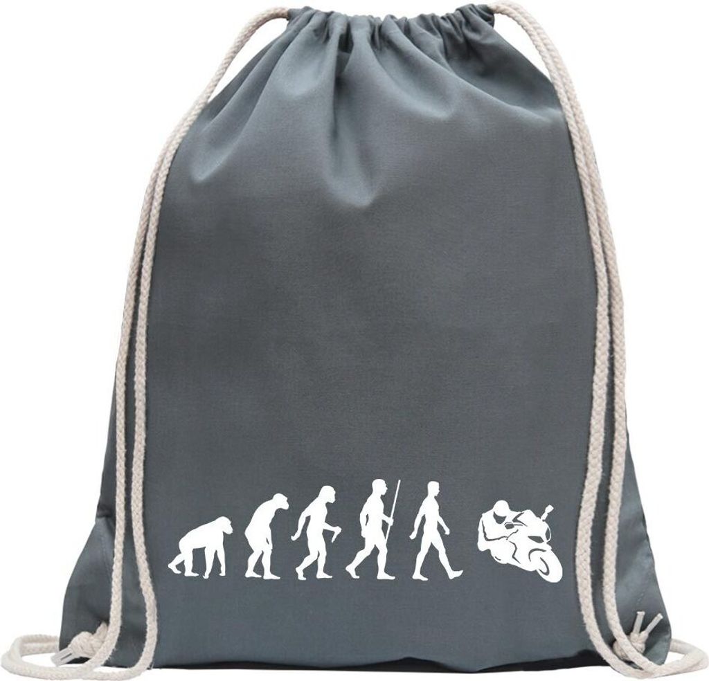 Kiwistar - Turnbeutel - stahlgrau - Evolution Motorrad Rennmaschine - Fun Rucksack Sport Beutel Gymsack Baumwolle mit Ziehgurt