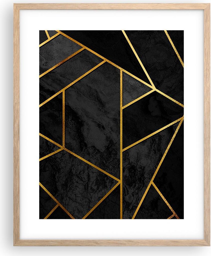 Gerahmtes Poster - Rahmen in heller Eiche - Abstraktion Gold Schwarz - 40x50 cm - Wand Bild - Wanddeko - Wandbilder - Wandposter - Bilderrahmen - B...