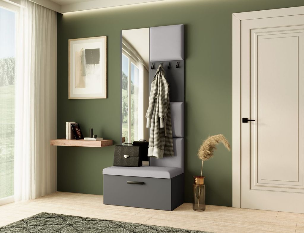 Garderobe MARGARET III, Farbe: Graphit + Grau, mit gepolsterten Paneelen, Spiegel und Kleiderhaken