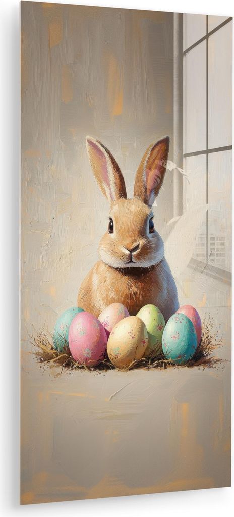 MuchoWow Glasbilder - Bilder auf Wandbild - Foto auf Glas Osterhase - Pastell - Eier 60x120 cm Wanddekoration aus Glas - Acrylglasbild - Acrylbilde...