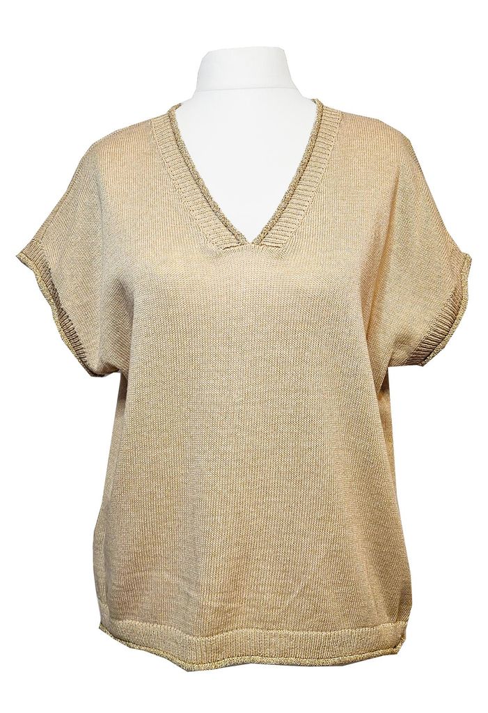 Strickpullover Kurzarm V-Ausschnitt Beige Gold 38/40/42 Strick TOP ohne Arm Ärmellos