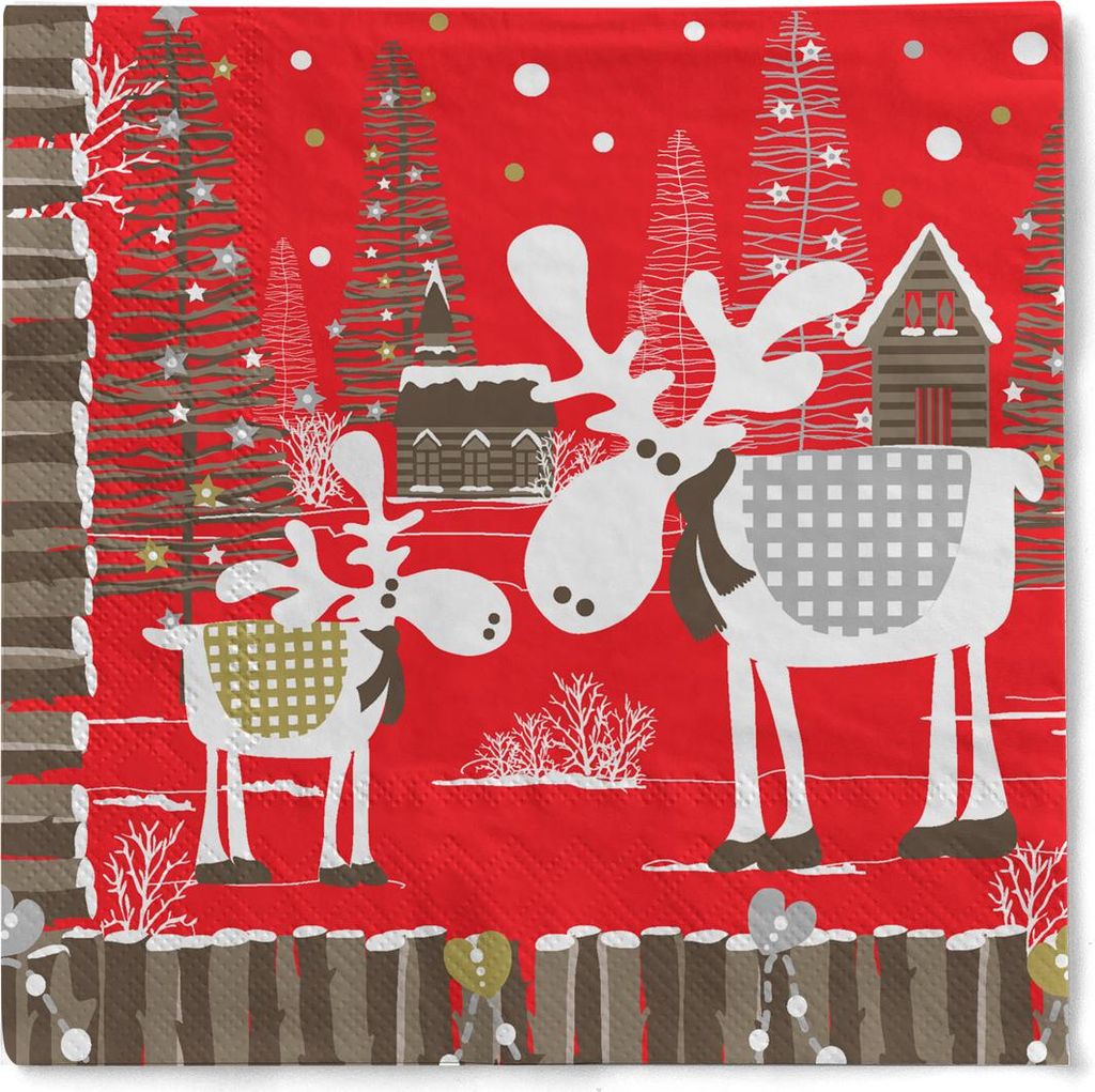 Weihnachtsserviette "Charlie" aus Tissue 3-lagig, 33 x 33 cm, 20 Stück - Rentiere