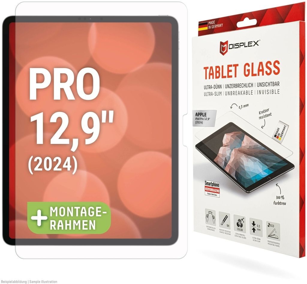 Displex Tablet Glas (9H) fr Apple iPad Pro 13'' (2024), Eco Montagerahmen, unzerbrechlich, ultraflach, unsichtbar