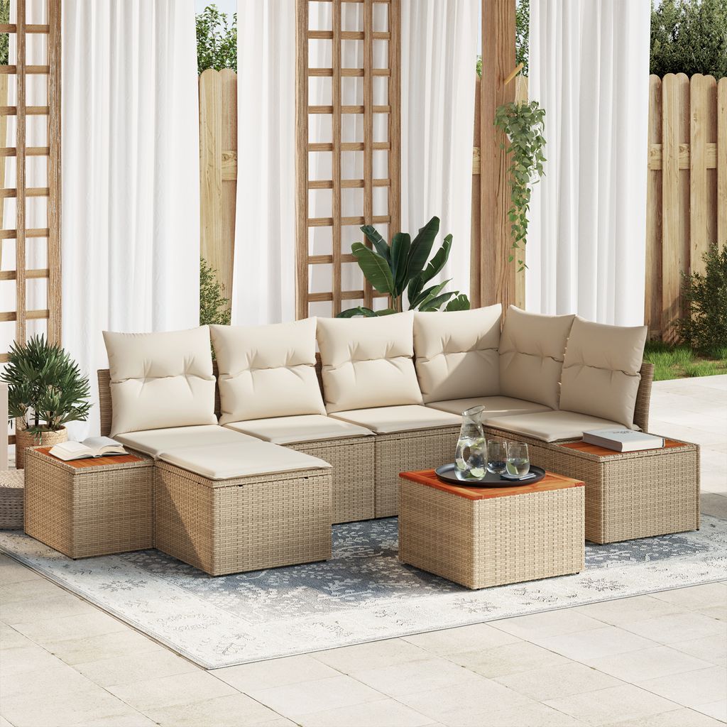 Desgin 7-teiliges Garten-Sofa-Set mit Kissen Beige Poly Rattan Akazie - Gartensofas 3348127