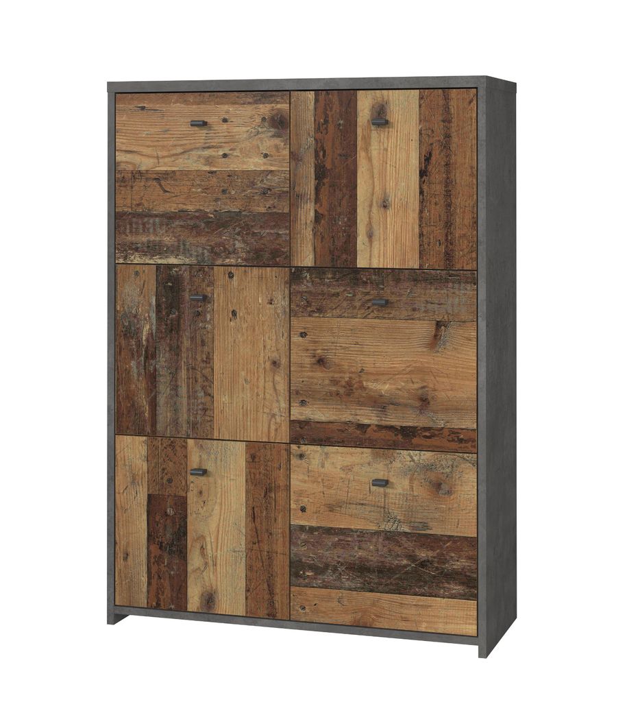 Kommode Best Chest in Used Wood und grau Beton Design Shabby / Vintage Highboard mit 6 Türen 77 x 113 cm