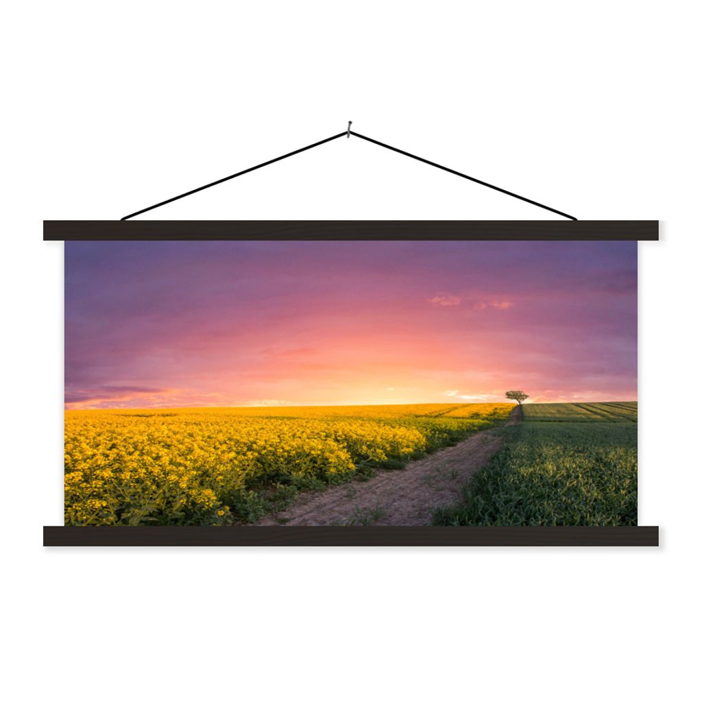 MuchoWow Textilposter Blumen - Straße - Himmel - Gelb - Lila - Sonnenuntergang - Natur 90x45 cm mit schwarzem Rahmen - Klemmleisten