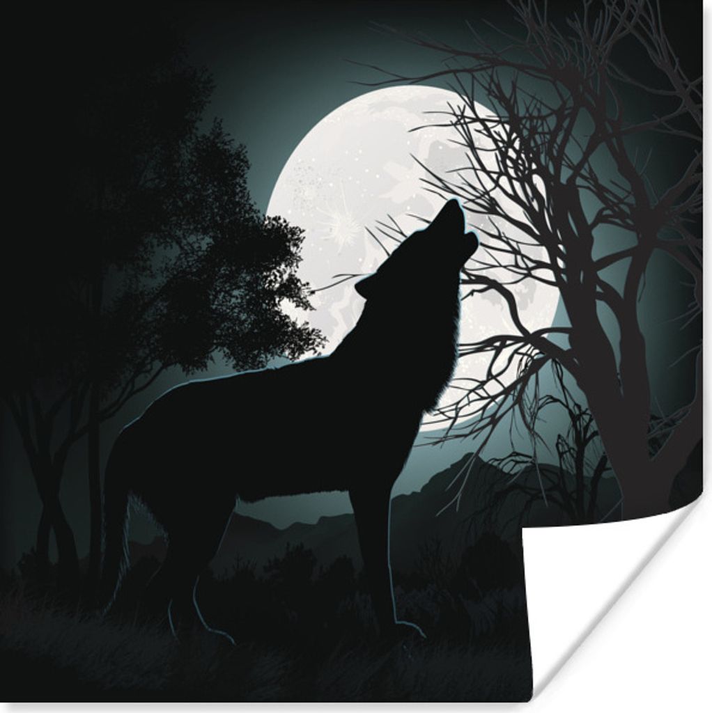 MuchoWow Poster Wolf - Scherenschnitt - Mond 40x30 cm - Plakate für die Wände - Poster Wohnzimmer