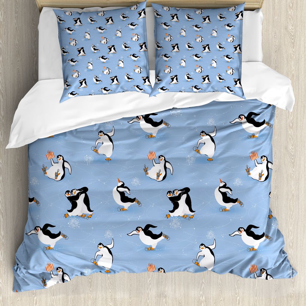 ABAKUHAUS Cartoon-Tier Bettbezug, Skating Penguins, Milbensicher Allergiker geeignet mit Kissenbezügen, 155 cm x 220 cm - 80 x 80 cm, Mehrfarbig