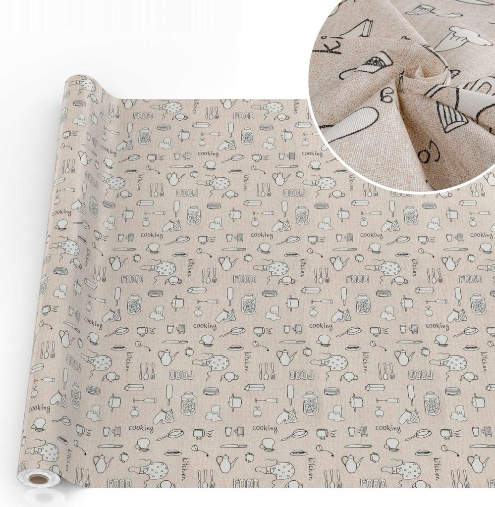 Tischdecke Küche mit Tee und Kaffee aus Textil Tischtuch mit Beschichtung Tischwäsche Aquarell Beige Breite 140cm Länge 2000cm mit Schnittkante