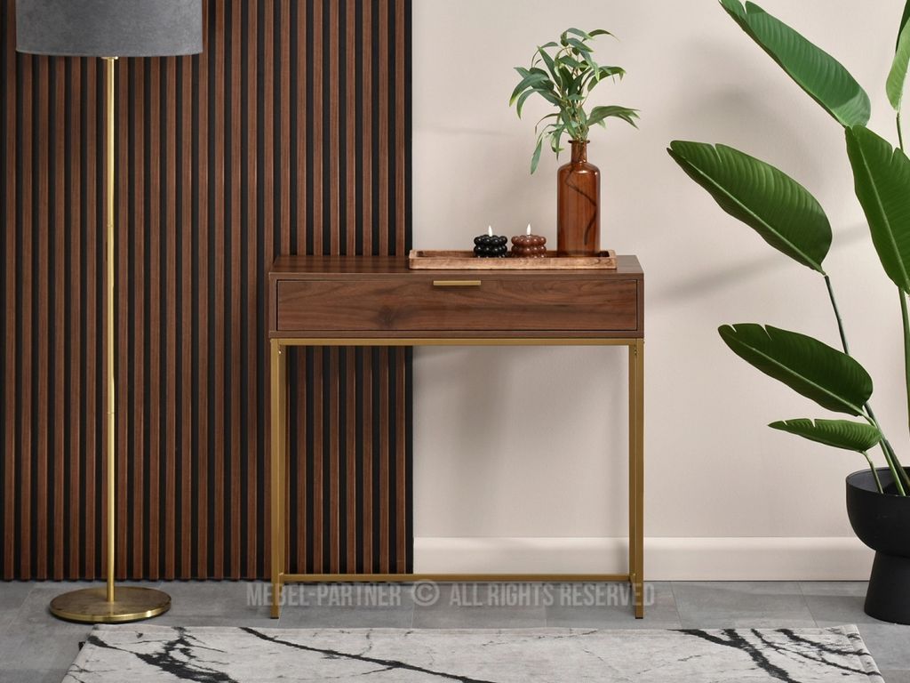 NIRAI Konsolentisch mit Schublade - Walnuss / Gold Produktbild 