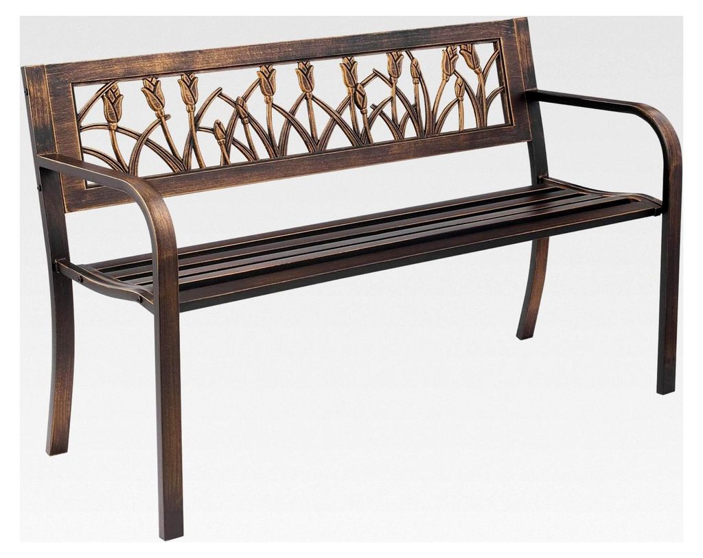 Gartenbank mit Metallrahmen Kohlenstoffstahl, 127 cm, 250 kg Tragkraft, Balkonbank mit PVC-Blumenmuster und abgerundeten Armlehnen in Antikbronze