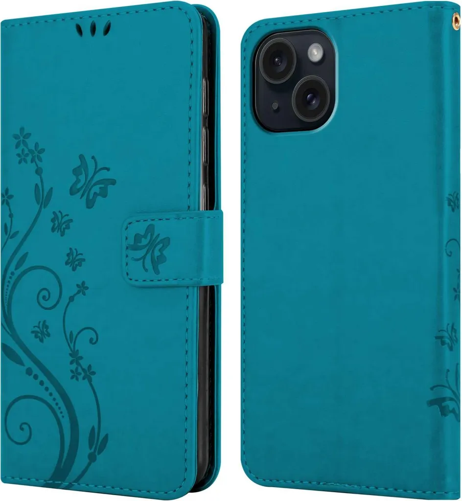 Custodia Cadorabo per Apple iPhone 15 in FLORAL BLUE Custodia protettiva con design floreale con chiusura magnetica, funzione stand e slot per carte di credito Flip Case Flower Cover Etui Handy Klapp Hülle Book Tasche - 7